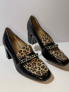 crown & ivy Black Croc-Embossed Block Heels with Leopard Print and Gold Chain